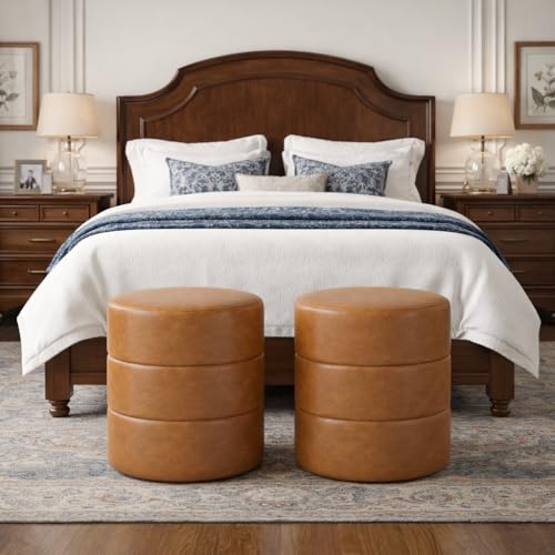 Image of HomePop 18 inch Round Ottoman - Camel Brown Faux Leather