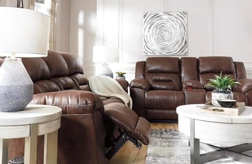 Image of Signature Design by Ashley Stoneland Faux Leather Manual Double Reclining Loveseat with Center Console, Dark Brown
