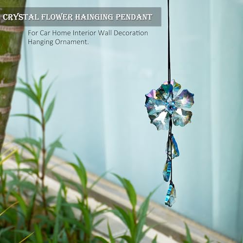 Image of Crystal Flower Car Rear View Mirror Pendant Suncatcher Ornament for Automotive Decoration Accessories Interior Rearview Mirror Hanging Charm, Colorful