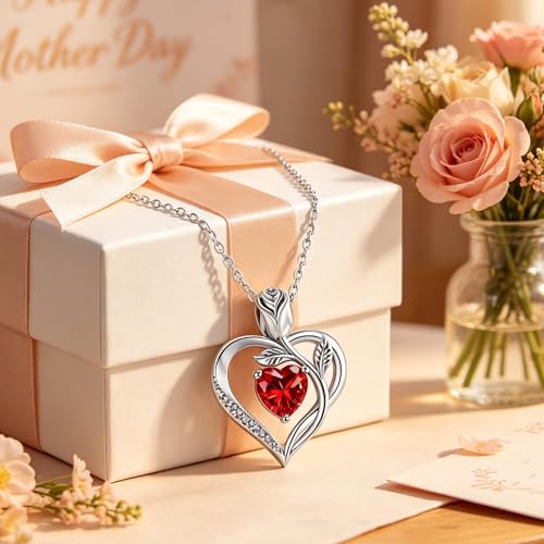 Image of 1.2CT Rose Heart Necklace Option of Moissanite or Lab-Grown Sapphire Ruby Emerald&More Necklace for Women Birthstone Girlfriend Necklace S925 Sterling Silver 18K White /Rose Gold Plated D Color VVS1 Gift for Wife Mother Daughter for Birthday Anniversary Mothers Day Necklace for Mom Engraved 'I LOVE YOU' Flower Floral Necklace