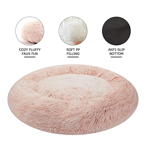 Image of Bedfolks Calming Donut Dog Bed, 30 Inches Round Fluffy Dog Beds for Medium Dogs, Anti-Anxiety Plush Dog Bed, Machine Washable Pet Bed (Pink, Medium)