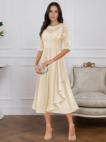 Tea Length Mother of The Bride Dresses for Bride 2025 Lace Chiffon Wedding Guest Formal Dress YH364