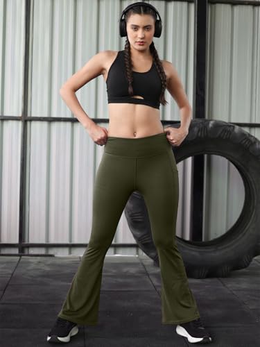 Image of CHKOKKO Gym Pants for Women Workout High Waist Flared Yoga Pants for Woman with Side Pocket Quick Dry Body Fit Stretchable Sports Leggings Trousers Activewear Lower