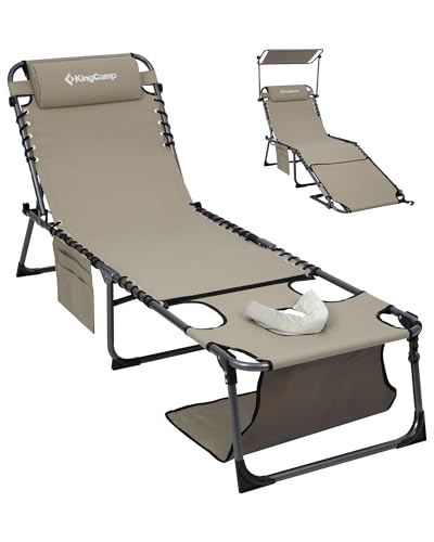 KingCamp Lounge Chair with face Hole & Canopy Shade, 400LBS Folding Portable Tanning Chair with face Hole, Adjustable 5-Position Foldable Beach Sun Tanning Chair for Outside Beach Patio Outdoor Pool