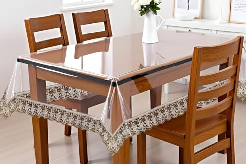 Image of The Furnishing Tree Rectangle Shaped 4 Seater Transparent Table Cover WxL 54x78 inches 0.25 mm Thickness with Golden Lace