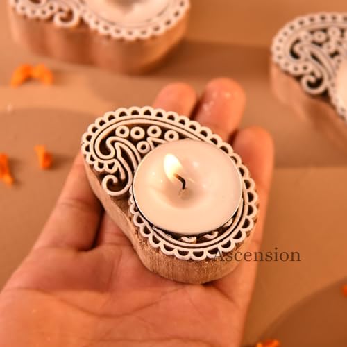 Image of Ascension Pack of 4 Wooden Peacock Shaped Tea Light Candle Holder Handmade Wooden Block Print Tealight Candle Stand Decorative Items For Puja Gifting Indoor Outdoor Diwali Decoration Home Office Decor