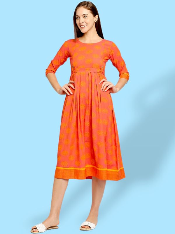 Image of DUMMY SHAPE Maternity Dresses for Women Cotton | Feeding Anarkali Kurta with Concealed Nursing Zippers for Pre & Post Pregnancy | Mom to Be Gifts (DS-MAT-P051-M, Orange)