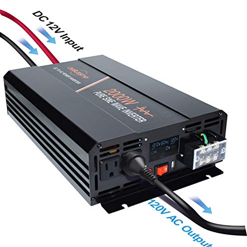 aeliussine Power Inverter 2000W Pure Sine Wave 12v DC to AC 120v Peak 4000 Watt Converter with LCD Display USB Charge Port for Car RV Boat Solar Power System.