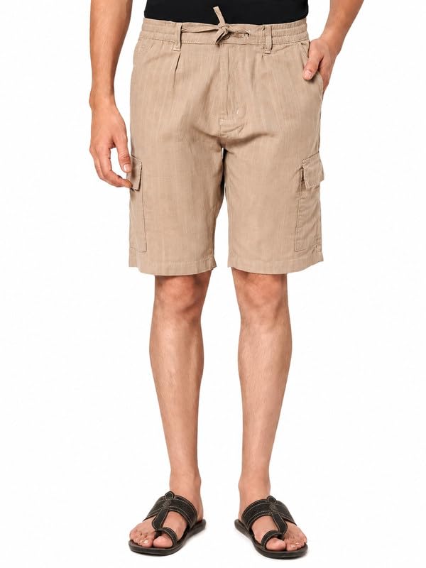 Amaara Men's Mid Waist Knee Length Regular Fit Olive Green Linen Cargo Shorts-picture-37