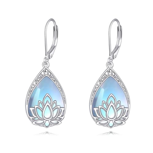 Boucles d'oreilles lotus argent 925 et pierre de lune pour femme