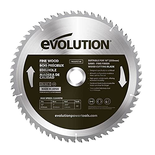 Evolution Power Tools FW255TCT-60 Fine Finish Wood Cutting TCT Tungsten Carbide Saw Blade For Mitre & Table Saws Smooth Fast Cuts In Sheet Ply & Hardwood Clean Splinter Free Cut 60 Teeth 255mm