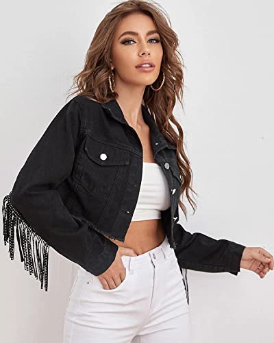Women's Fringe Jean Jacket Tassel Distressed Ripped Crop Denim Jackets4