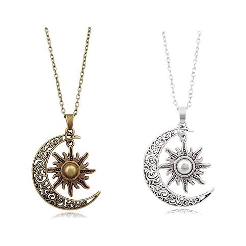RUIZHEN 2 Pcs Vintage Crescent Moon and Sun Pendant Necklace Antique Women Men Moon Necklace Cover