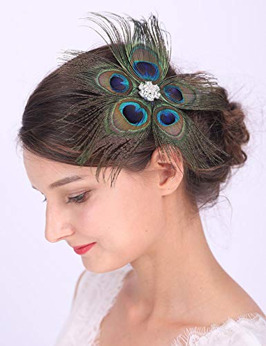 Anglacesmade Broche de plumas de pavo real para novia, tocado con plumas...