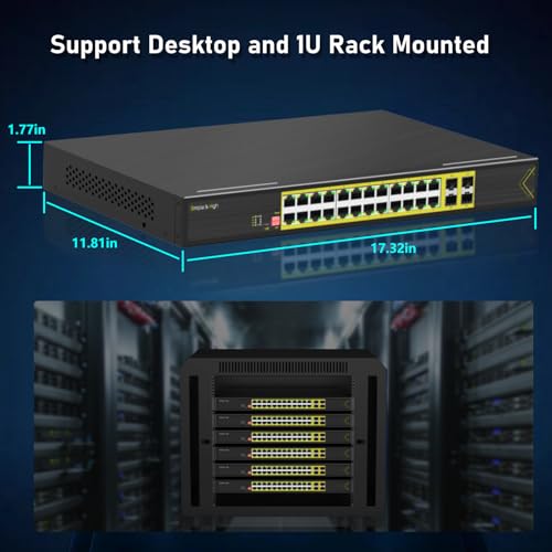 Image of Htfoevrxs Managed 24 Port PoE+ Switch with 4 SFP Ports, 802.3at 400W Gigabit Ethernet, Rackmount, L2+ Network Switch for IP Cameras & Access Points