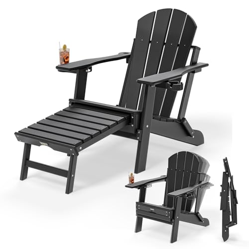 VINGLI Back-Adjustable Plastic Folding Adirondack Chairs with Retractable Footrest & 2-in-1 Cup Holders, Waterproof HDPE Outdoor Fire Pit Chairs for Patio, Pool, Capacity 400 LBS, Black