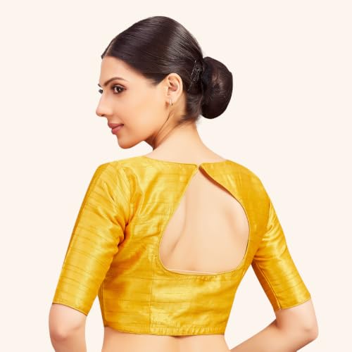 Image of Studio Shringaar Women Readymade Raw Silk V Neck Saree Half Sleeve Blouse