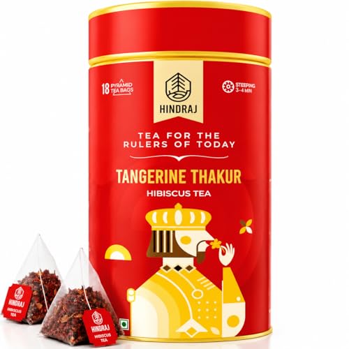 Image of Hindraj Tangerine Thakur Hibiscus Herbal Tea 18 Pyramid tea Bags Vibrant Natural Color, Ideal for Mocktails & Iced Tea, 100% Natural Ingredients Tart & Refreshing Herbal Blend, No Sugar