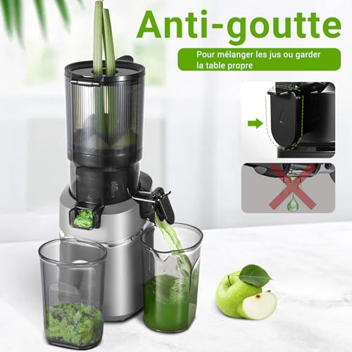 AMZCHEF 250W Extracteur de jus lent automatique Vos mains libres avec triple filtre, Ouverture de 135 mm et capacité de 1,8 L Extracteur de jus de fruits et légumes entiers - Gris – Image 5