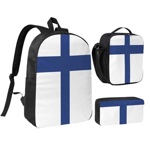 Finnish flag print Shoulder Bookbags Lunch Bag and Pen Case 17 inches Backpack with Lunch Box, Cute Bookbag Set