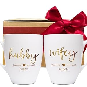SRIHBET Hubby Wifey Est 2025 Coffee Mugs Wedding Gift Set of 2 to Give Bride Groom Mug Set Couples Coffee Mug Set Mr Mrs Bridal Shower Gift Newlywed Coffee Mugs Gift Set c71