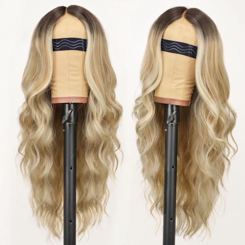 Image of AISI HAIR Honey Blonde Wig for Women, Long Wavy Lace Hairline Middle Part Synthetic Heat Resistant Wig for Daily Party-26 Inch