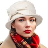 Women Wool Hat Classic Cloche Bucket Dress 1920s Hats Vintage French Beret (Knot-Cream)