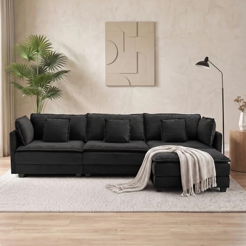 Image of Corduroy Sectional Couch, 3 Seater 113 inch L Shaped Cloud Couch with Ottoman, Modular Deep Seat Sofa with Pillows for Living Room, Apartment, Black