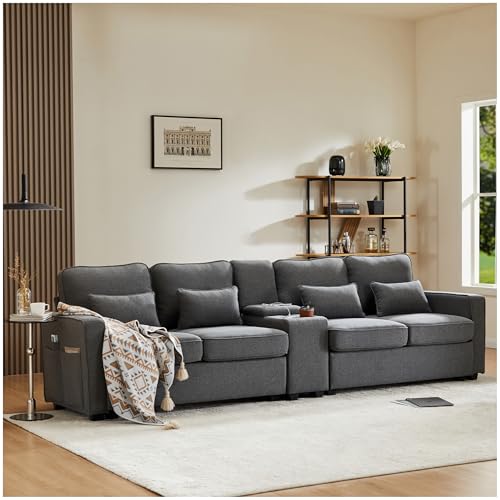 Sapgaks Canapé 4 Places Moderne en Tissu de Lin avec Console, 2 Porte-Boissons, 2 Port de Charge USB,canapé de Style Simple avec Poches accoudoirs et 4 Coussins,Gris foncé
