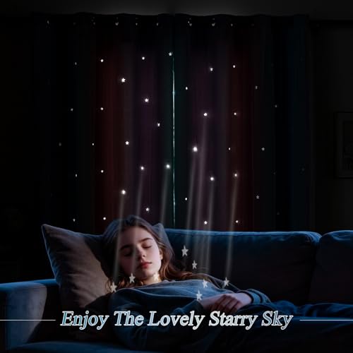 Image of indistar Dreamy Star Cutout Blackout Curtains with White Sheer,Double Layer Curtains for Girls Bedroom, Hollow Out Drapes for Nursery (2 Panel,52Wx63L,Purple Pink Green)