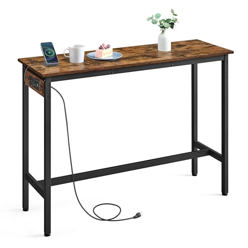 VASAGLE Bar Table, Narrow Long Kitchen Dining Table with Charging Station, Sturdy Metal Frame,...