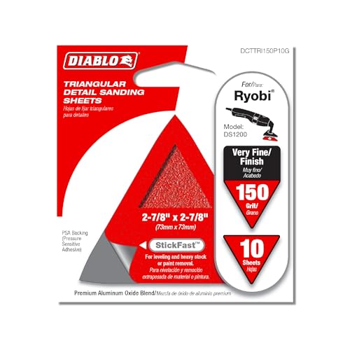 Image of Diablo StickFast Triangular Detail Sanding Sheets for Wood, Plastics and Metal - 2-7 /8 inch x 2-7 /8 inch, 150 Grit, Fine, Aluminum Oxide Blend, 10-Pack - DCTTRI150P10G