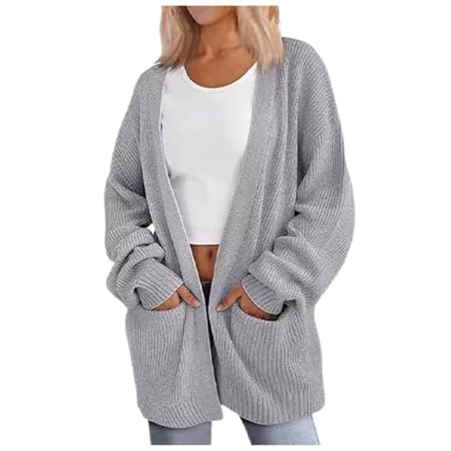 Generisch Cárdigan largo para mujer como abrigo de invierno de moda con prácticos bolsillos laterales, ropa informal suave y elegante, gris, M