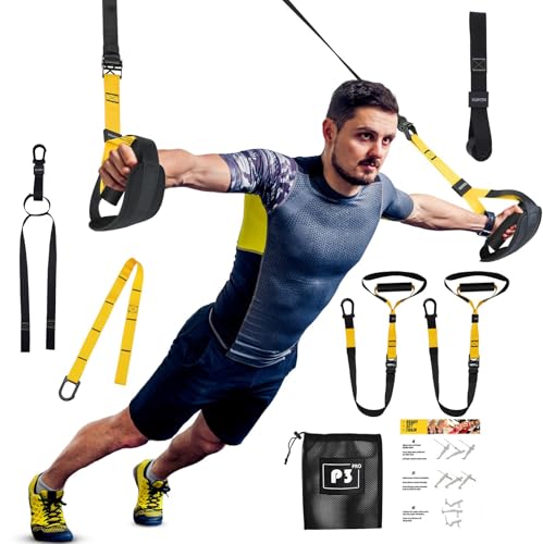 Schlingentrainer Set für Zuhause Professioneller TRX Sling Trainer mit Türanker & Widerstandsbändern Schlingentraining für Ganzkörpertraining Homegym & Reisen mit Tragetasche & Anleitung