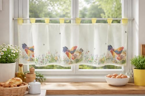 KAMACA Rideau de bistrot - 45 x 120 cm - En voile et organza - Motif coq, poule et poussins - Rideau de cuisine transparent avec passants - Décoration maison de campagne
