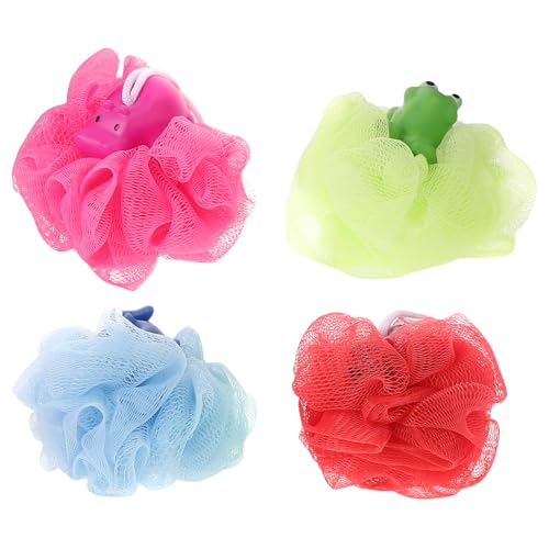 Baluue Esponjas de Baño para Bebés 4 Piezas con Motivos de Figuras de Dibujos Animados, Esponja Vegetal Exfoliante Suave, Bolas de Ducha Infantiles Coloridas para Baño Diario