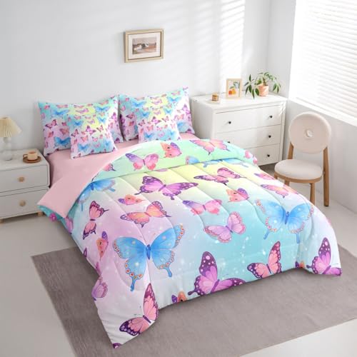Image of Butterflies 7 Pieces Bedding Set Queen Size,Blue Purple Butterfly Bed in a Bag,Elegant Wildlife Bed Set Includes Comforter,Sheet Set,Pillowcases & Pillow Covers,Gradient Starry Bedroom Decor