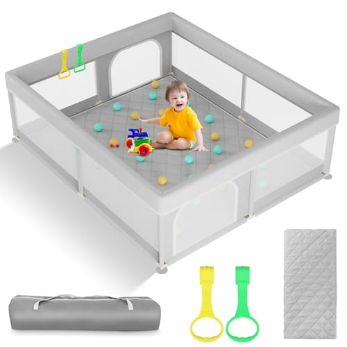 Image of Omzer Baby Playpen with Mat 71x59inch: Large Playpen for Babies and Toddlers Indoor Safety Play Pen with Soft Breathable Mesh - All-Wrapped Sponge Sturdy Play Yard with Stable Mat Magic Sticker.