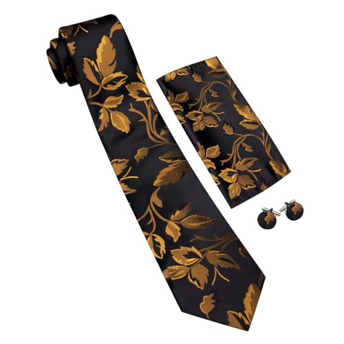 Image of Barry.Wang Flower Ties for Men Silk Woven Floral Tie Sets Necktie Handkerchief Cufflinks Wedding Party