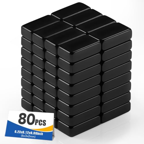 Image of MIKEDE 80 Pack Strong Small Neodymium Bar Magnets, 6x3x2 mm, Black | Industrial Rare Earth Fridge Magnets Heavy Duty, Metal Powerful Magnet for Craft, Whiteboard, Garage, DIY, Office, Science