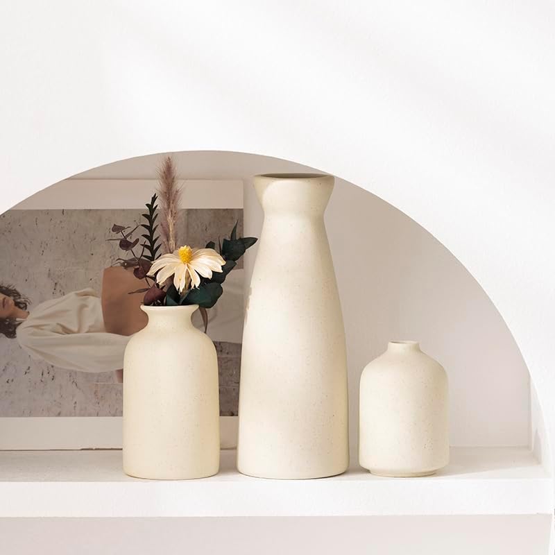 White Ceramic vase Set of 3, Modern Boho Farmhouse Home Decor,Decorative vase for Pampas Grass&Dried Flowers,idea Shelf,Table,Bookshelf