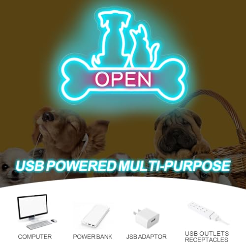 Image of Pet Shop Open Neon Sign Cute Dog And Cat Open LED Light | Bright Pet Grooming Salon Light Animal Shelter Storefront Decor Vet Clinic Window Decor, Ice Blue+Light Pink, 16.5 inchx12.4 inch