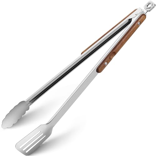 16-Inch Grill Tongs - Extra Long BBQ Tongs with Wood Handles - Heavy Duty Heat Resistant Barbecue...