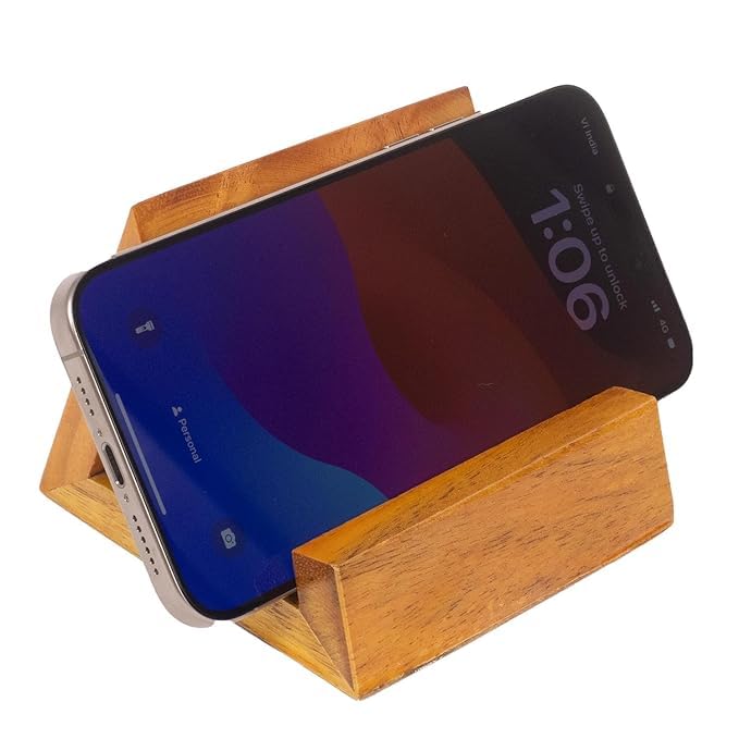 Image of Amazon Brand - Solimo Wooden Table Mount Mobile Stand | Multi-Angle Phone & Tablet Holder for Desk, Bedside, Office | Solid Wood Mobile & Tablet Stand for Home, Office, Online Classes (Natural Finish)