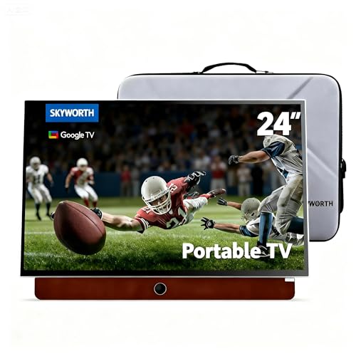 Skyworth 24-Inch Portable Smart TV with Protective Case, Battery Powered Outdoor TV, 1080P FHD, Google TV, HDR10, Dolby Audio, Chromecast, Ideal for Sports, Game Day Bundle