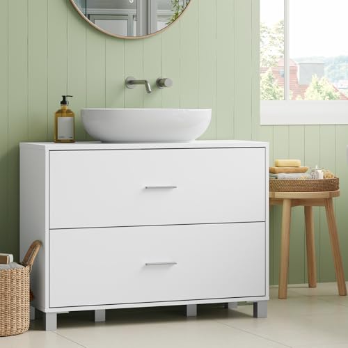 EUGAD Mueble Bajo Lavabo, Armario Baño de Pies con 2 Cajones, 80x30x60 cm, Mueble Baño Moderno con Recorte de Sifón 20x22 cm, Armario para Lavabos con Pedestal, Blanco