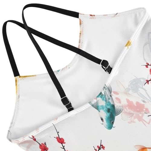 Colorful Koi Fish Red Flowers Girls Swimming Suit, Beach Swimsuit Girls 3-10 Y with Adjustable Shoulder Strap, 3-10 Y4