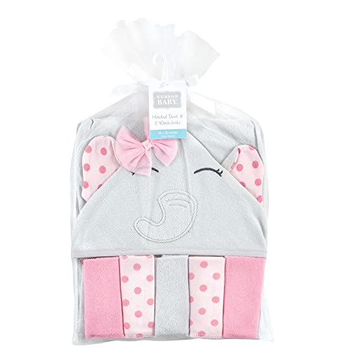 Image of Hudson Baby Unisex Baby Hooded Towel and Five Washcloths, Pink Dots Pretty Elephant, One Size
