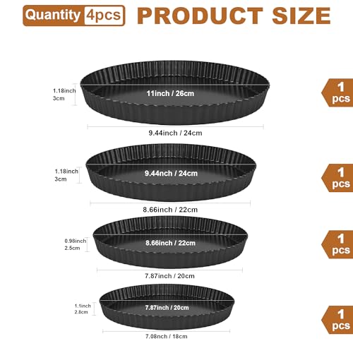 4 Pack Quiche Dishes with Loose Base 20/22/24/26 cm, Non Stick Flan Tins with Removable Bottom Carbon Steel, Round Fluted Tart Tin for Baking Oven Pie Pan - Image 3