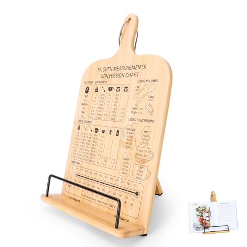 Book Stand Holder, Wooden Recipe Book Stand Cookbook Stands for Kithchen Foldable & Hangable Recipe Book Holder for Kitchen Counters Rustic Display Stand with Measurement Conversion Chart